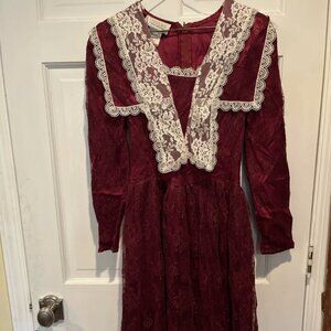 Gunne Sax Red Maroon Lace Collar Size 5 Vintage Prairie 1980s Dress